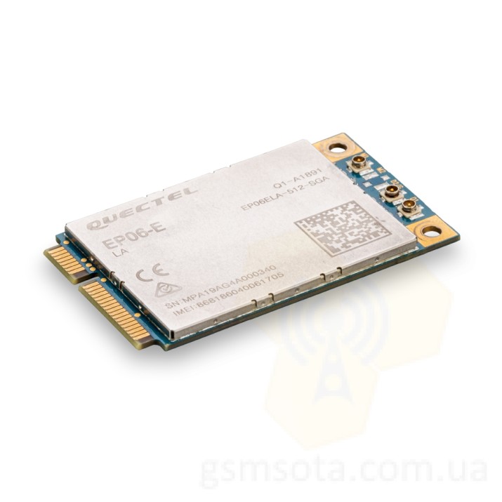 Quectel EP06-E Cat.6 4G модем выполненный в виде PCI Express® Mini Card (Mini PCIe) модуля, с поддержкой агрегации частот LTE Advanced категории 6, оптимизированных специально для приложений M2M и IoT.  Технология LTE Advanced обеспечивает максимальную скорость передачи данных до 300 Мбит / с.
